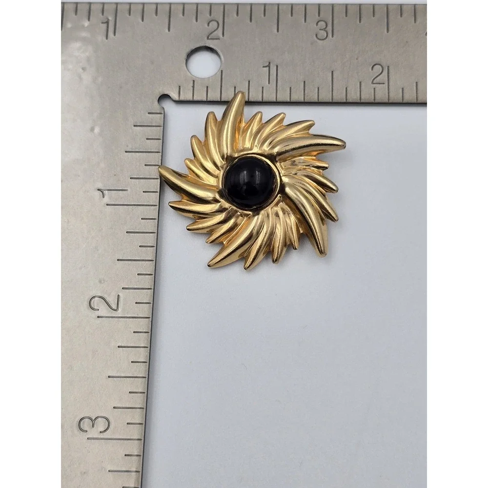Vintage Gold Tone Swirl Sunburst Brooch Pin with Black Cabochon Center 1980s 90s